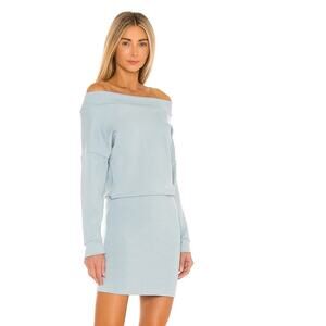 INDAH Baby Ruth Mini Dress Size Small Clear Blue Off-the-Shoulder Cozy Bamboo